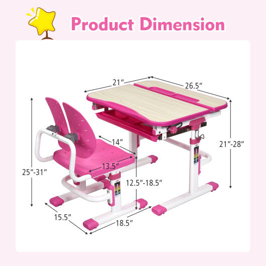 Height Adjustable Kids Study Desk and Chair Set-Pink