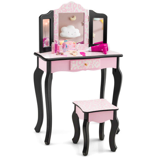 Kid Vanity Set with Tri-Folding Mirror and Leopard Print-Pink