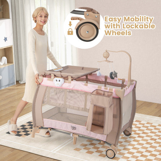 Portable Baby Playard with Changing Table Bassinet and Music Box-Pink