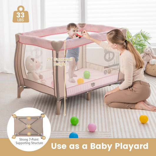 Portable Baby Playard with Changing Table Bassinet and Music Box-Pink