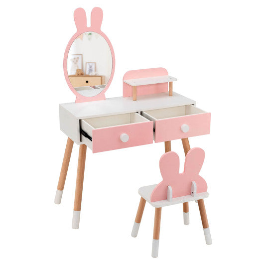 Kids Vanity Table and Chair Set with Drawer Shelf and Rabbit Mirror-Pink