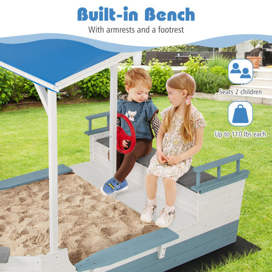Pirate Ship Sandbox with Canopy with Bench Seats and Bottom Liner-White
