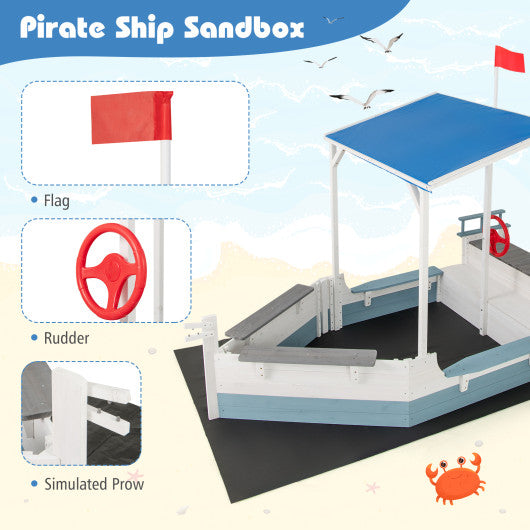 Pirate Ship Sandbox with Canopy with Bench Seats and Bottom Liner-White