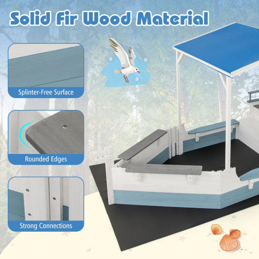 Pirate Ship Sandbox with Canopy with Bench Seats and Bottom Liner-White