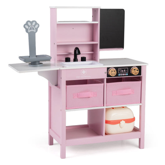 Play Doctor's Office Wood Medical Center Toy Set with Blackboard-Pink