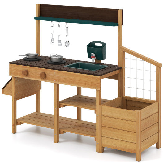 Play Kitchen for Kids Wooden Toy Kitchen Playset Pretend Mud Kitchen-Brown