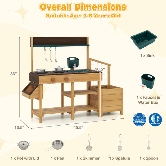 Play Kitchen for Kids Wooden Toy Kitchen Playset Pretend Mud Kitchen-Brown