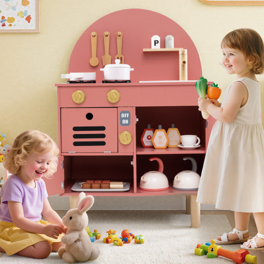 Play Kitchen for Kids Wooden Kitchen Playset with Stoves Faucet Sink Microwave and Oven-Pink