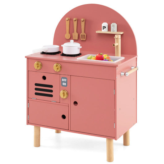 Play Kitchen for Kids Wooden Kitchen Playset with Stoves Faucet Sink Microwave and Oven-Pink