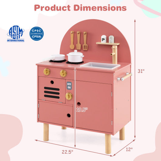 Play Kitchen for Kids Wooden Kitchen Playset with Stoves Faucet Sink Microwave and Oven-Pink