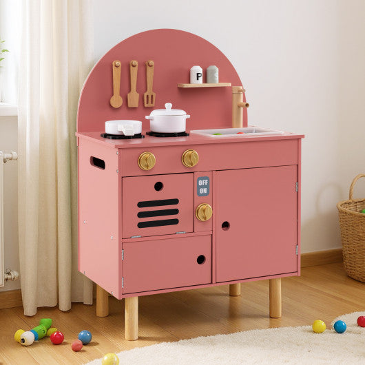 Play Kitchen for Kids Wooden Kitchen Playset with Stoves Faucet Sink Microwave and Oven-Pink