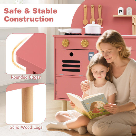 Play Kitchen for Kids Wooden Kitchen Playset with Stoves Faucet Sink Microwave and Oven-Pink
