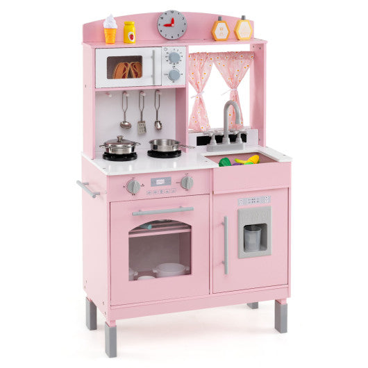 Play Kitchen for Kids Wooden Chef Pretend Playset with 3 Adjustable Heights Microwave-Pink