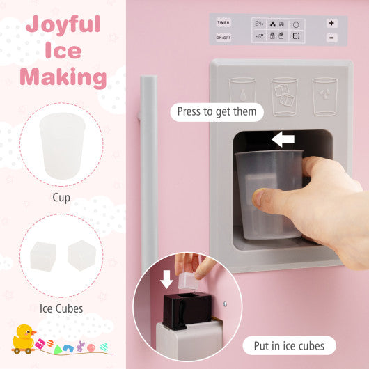 Play Kitchen for Kids Wooden Chef Pretend Playset with 3 Adjustable Heights Microwave-Pink