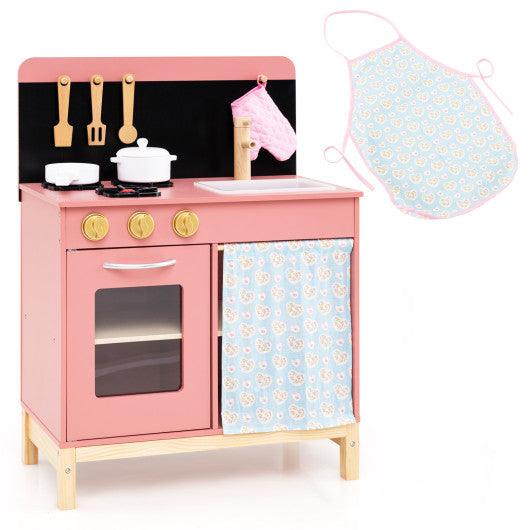 Play Kitchen for Kids Wooden Kitchen Playset with Door Curtain-Pink