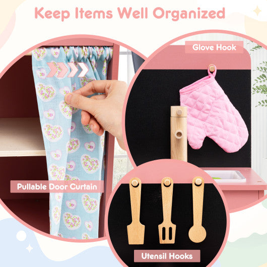 Play Kitchen for Kids Wooden Kitchen Playset with Door Curtain-Pink