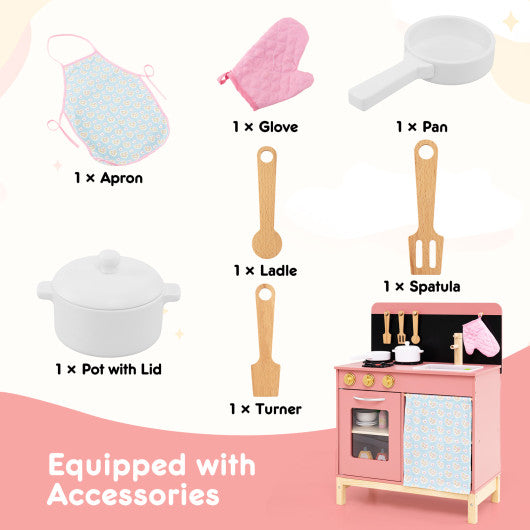 Play Kitchen for Kids Wooden Kitchen Playset with Door Curtain-Pink