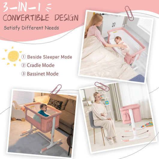 Portable Baby Bedside Bassinet with 5-level Adjustable Heights and Travel Bag-Pink