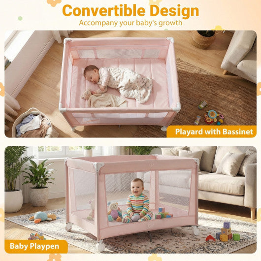 Portable Baby Playard Folding Travel Crib for Infants with Soft Mattress-Pink