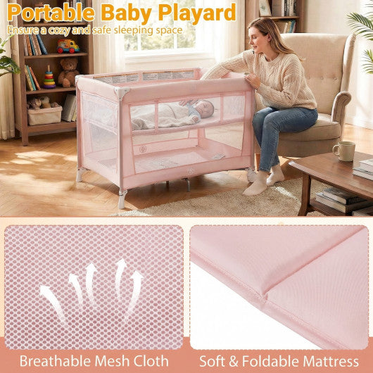 Portable Baby Playard Folding Travel Crib for Infants with Soft Mattress-Pink