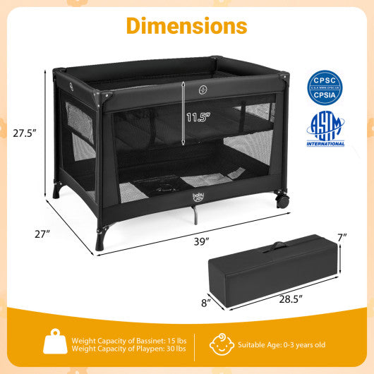Portable Baby Playard Folding Travel Crib for Infants with Soft Mattress-Black