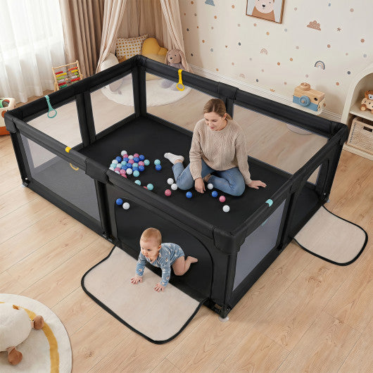 Portable Baby Playpen with 50 Ocean Balls Breathable Mesh and Safe Zippered Doors-Black