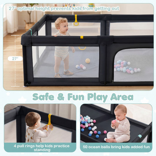 Portable Baby Playpen with 50 Ocean Balls Breathable Mesh and Safe Zippered Doors-Black