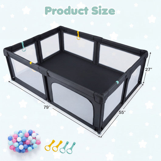 Portable Baby Playpen with 50 Ocean Balls Breathable Mesh and Safe Zippered Doors-Black