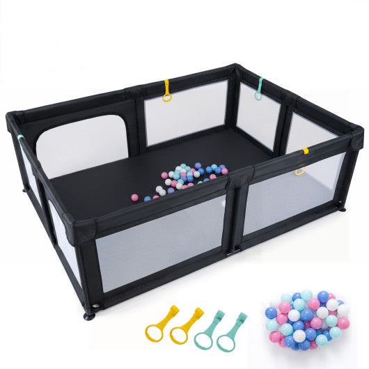 Portable Baby Playpen with 50 Ocean Balls Breathable Mesh and Safe Zippered Doors-Black