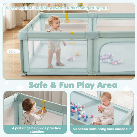 Portable Baby Playpen with 50 Ocean Balls Breathable Mesh and Safe Zippered Doors-Blue