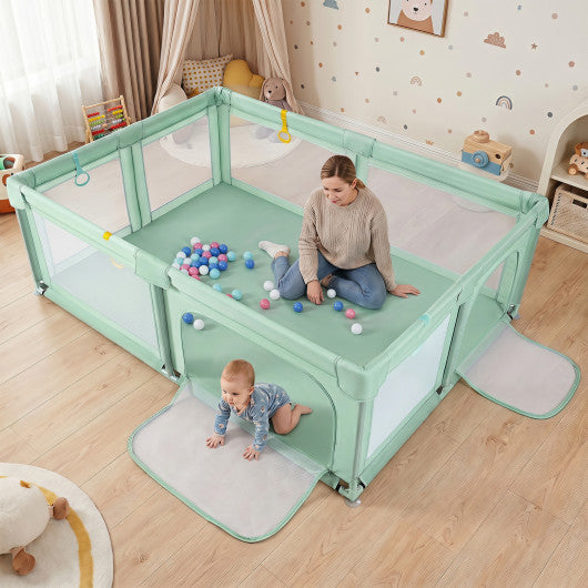 Portable Baby Playpen with 50 Ocean Balls Breathable Mesh and Safe Zippered Doors-Green