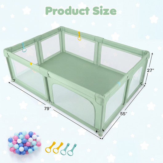 Portable Baby Playpen with 50 Ocean Balls Breathable Mesh and Safe Zippered Doors-Green