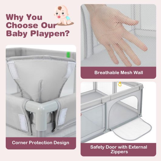 Portable Baby Playpen Large Play Yard with 50 Ocean Balls and 4 Pull Rings-Gray