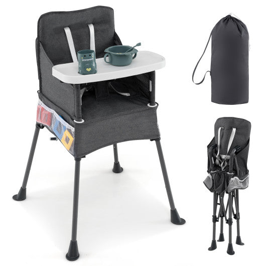 Portable High Chair for Travel Foldable with Adjustable Tray and Mesh Pockets-Gray