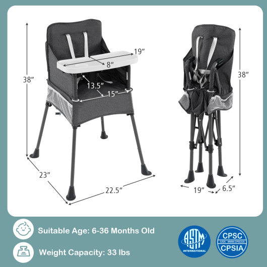 Portable High Chair for Travel Foldable with Adjustable Tray and Mesh Pockets-Gray