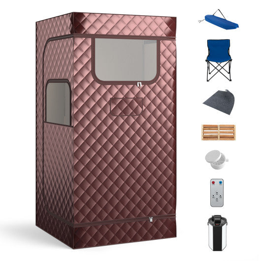 Portable Steam Sauna with 3L Steam Generator Remote Control Wood Foot Massager and Foldable Chair for Home-Coffee