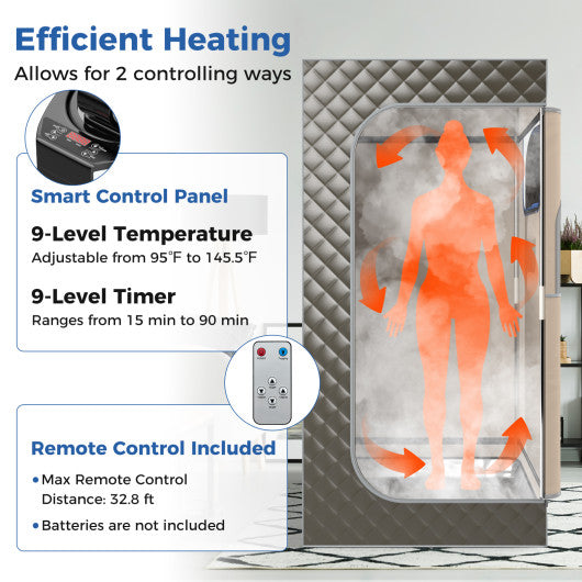 Portable Steam Sauna with 3L Steam Generator Remote Control Wood Foot Massager and Foldable Chair for Home-Gray
