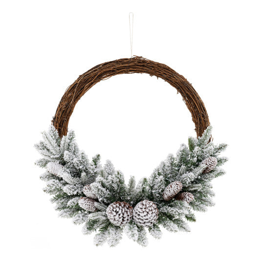 Pre-lit Snow Flocked Artificial Christmas Wreath with 8 Pine Cones and 35 LED Lights