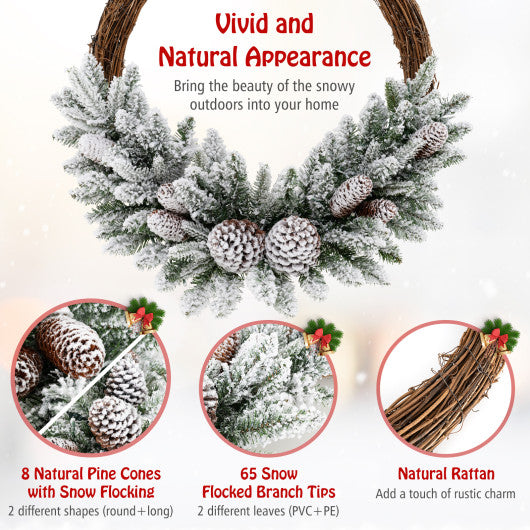 Pre-lit Snow Flocked Artificial Christmas Wreath with 8 Pine Cones and 35 LED Lights