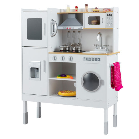 Pretend Play Kitchen Toy Kitchen Playset with Range Hood Ice Maker and Telephone-White