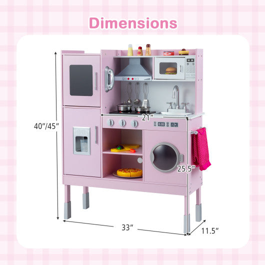 Pretend Play Kitchen Toy Kitchen Playset with Range Hood Ice Maker and Telephone-Pink