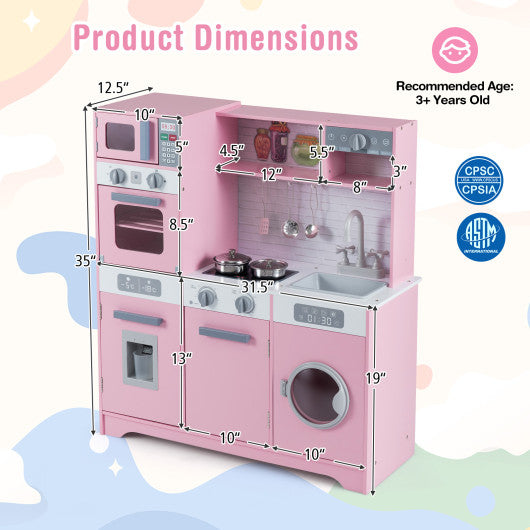 Pretend Play Kitchen Wooden Toy Set Kitchen Accessory Playset with Real Lights Sounds-Pink