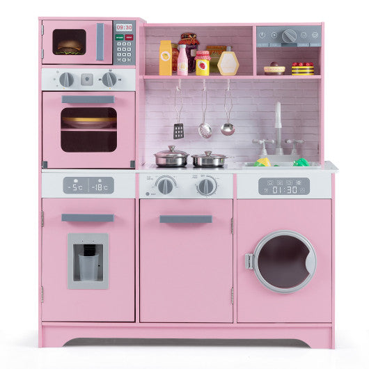 Pretend Play Kitchen Wooden Toy Set Kitchen Accessory Playset with Real Lights Sounds-Pink