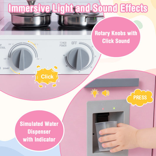 Pretend Play Kitchen Wooden Toy Set Kitchen Accessory Playset with Real Lights Sounds-Pink