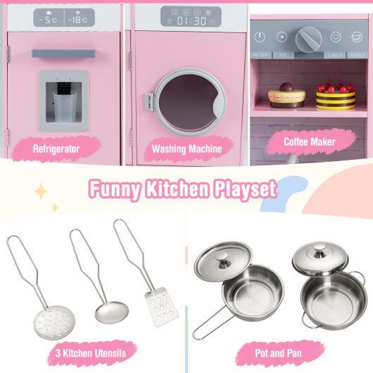Pretend Play Kitchen Wooden Toy Set Kitchen Accessory Playset with Real Lights Sounds-Pink