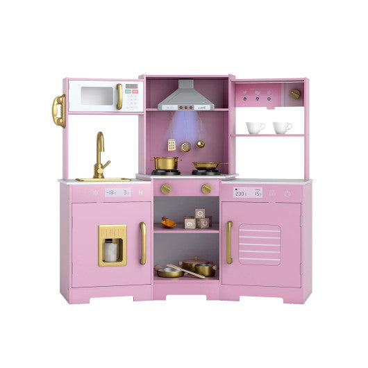 Pretend Play Kitchen Wooden Toy Set with Range Hood Real Sounds and Lights-Pink