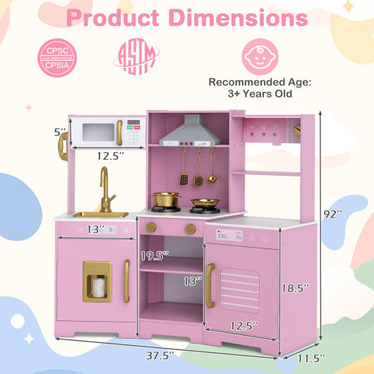 Pretend Play Kitchen Wooden Toy Set with Range Hood Real Sounds and Lights-Pink