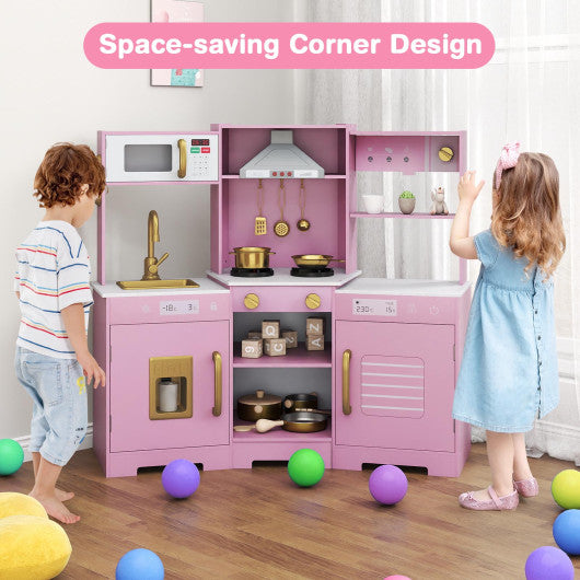 Pretend Play Kitchen Wooden Toy Set with Range Hood Real Sounds and Lights-Pink