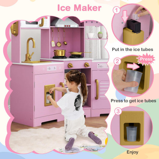 Pretend Play Kitchen Wooden Toy Set with Range Hood Real Sounds and Lights-Pink