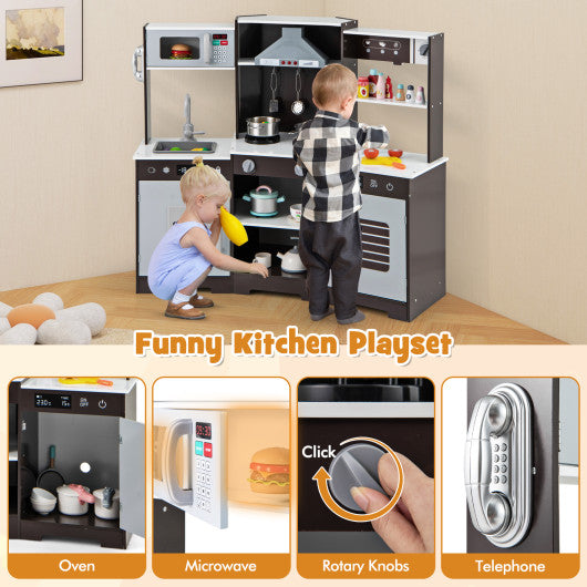Pretend Play Kitchen Wooden Toy Set with Range Hood Real Sounds and Lights-Brown